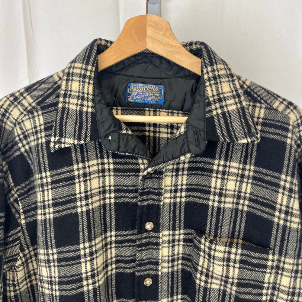 PENDLETON VTG Plaid Wool Work Shirt Long Sleeve Button Up Utility Black Cream XL - Picture 4 of 9